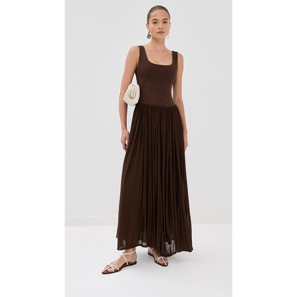 SIMKHAI Jamie Corset Midi Dress Size 0 Cocoa Brown Pleated $895